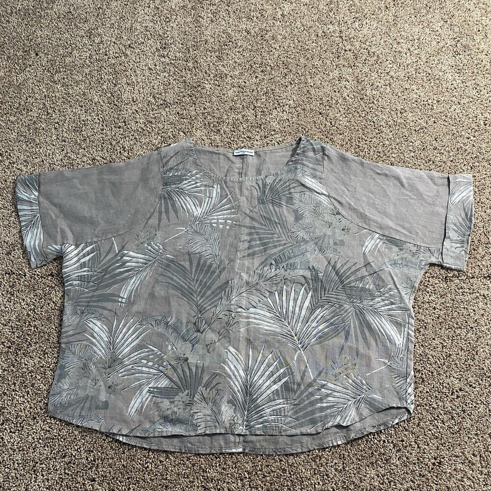 Kalypsa Rose Gray Botanical Print Linen Blouse Top S-L Baggy Oversized Lagenlook